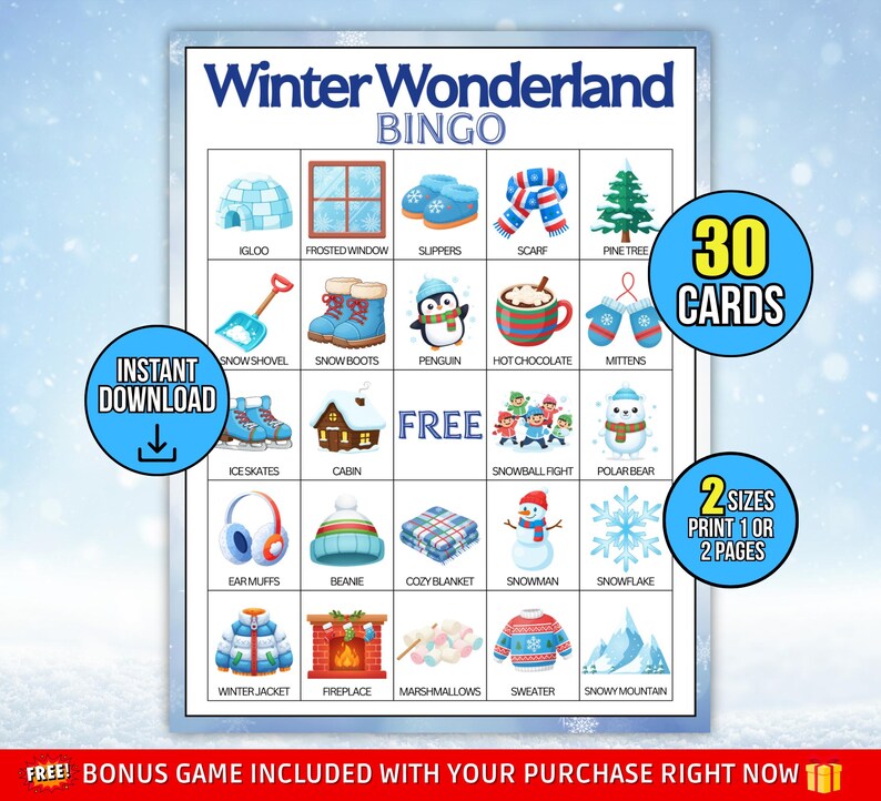 30 Winter Bingo Cards Printable Game Set, Winter Wonderland Family Fun ...