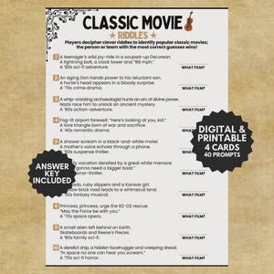 Puede incluir: Un juego de cartas imprimible con acertijos de películas clásicas. La tarjeta en blanco y negro presenta un borde decorativo, un gráfico de violín y el texto "CLASSIC MOVIE RIDDLES". Incluye 40 indicaciones y una clave de respuestas.