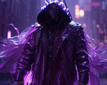 NEON SPECTER – Warrior Techwear Cyberpunk | Futuristic Digital Illustration | Art AI Glowing Hood