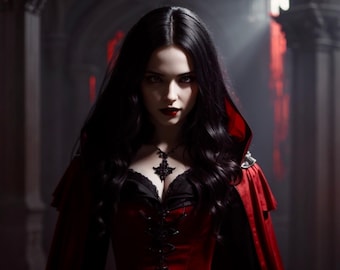 Blood Velvet – Digital Illustration of a Vampire Woman | Elegant Gothic Art | Dark Fantasy AI Poster to Download