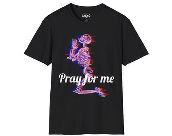Glitch Skeleton Praying T-Shirt, Gothic Skeleton Art Tee, Unisex Graphic Shirt, Dark Aesthetic Prayer Design