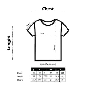 May include: A black and white diagram showing t-shirt measurements in centimetres. The diagram labels chest, length, and sleeve dimensions. The text "Chest", "Lenght", and "Sleeve" are included. The size chart includes sizes S, M, L, XL, XXL, and XXXL.