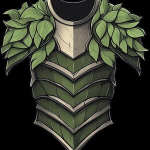 Könnte beinhalten: Illustration einer grünen und silbernen Fantasy-Rüstung. Das Bruststück hat ein blattartiges Design mit grünen Blättern auf den Schultern und ein geschichtetes, segmentiertes Aussehen. Die Rüstung hat eine silberne Metallverkleidung und einen schwarzen Hintergrund.