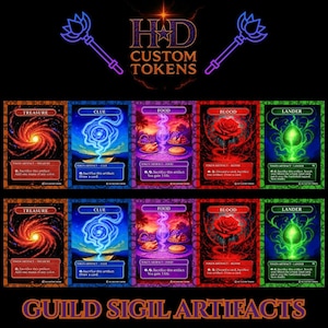 May include: Custom tokens with diverse designs, such as a treasure with a swirling vortex, a clue with a glowing symbol, and a blood card with a red rose. The text "HD Custom Tokens" and "Guild Sigil Artifacts" are also visible.