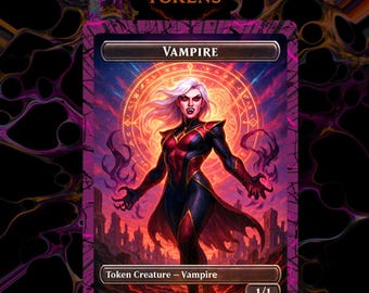May include: A custom token card featuring a vampire illustration. The card has a purple border with the text "VAMPIRE" at the top. The artwork depicts a female vampire with white hair and a red and black outfit. The card also includes the text "Token Creature - Vampire" and "1/1".