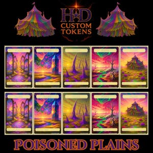 May include: Custom tokens featuring fantasy art with a circus tent design and the text "HD Custom Tokens." The cards display various landscapes with vibrant colors, including a path, a crystal, and a tree. The text "POISONED PLAINS" is at the bottom.