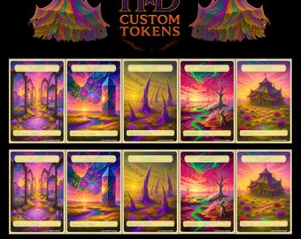 May include: Custom tokens featuring fantasy art with a circus tent design and the text "HD Custom Tokens." The cards display various landscapes with vibrant colors, including a path, a crystal, and a tree. The text "POISONED PLAINS" is at the bottom.