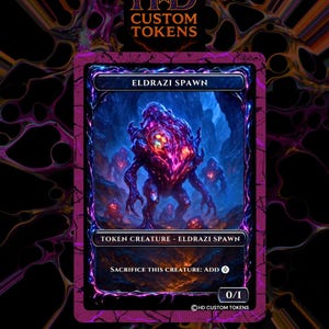 Może przedstawiać: Niestandardowa karta tokena z stworzeniem Eldrazi Spawn w fioletowo-czerwonej kolorystyce. Karta zawiera tekst "ELDRAZI SPAWN", "TOKEN CREATURE - ELDRAZI SPAWN" i "SACRIFICE THIS CREATURE: ADD". Karta jest obramowana fioletową obwódką z tekstem "CHAOS MINIONS".