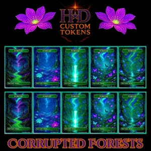 Puede incluir: Fichas personalizadas con escenas de bosque en tonos morados y verdes vibrantes. Las fichas muestran la palabra "FOREST" en la parte superior y el texto "CORRUPTED FORESTS" en la parte inferior. El logotipo de HD Custom Tokens está en la parte superior.
