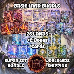 May include: A collection of twenty-seven rectangular trading cards featuring fantasy landscapes, including mountains, plains, islands, swamps, and forests. Text on the image reads: BASIC LAND BUNDLE, 25 LANDS +2 BONUS CARDS, SUPER SET BUNDLE, and HD.