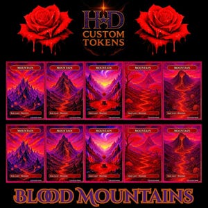 Könnte beinhalten: Ein Satz benutzerdefinierter Token mit Fantasy-Thema. Das Bild zeigt zehn "Mountain"-Karten mit leuchtenden roten und lila Berglandschaften. Die Karten sind rosa umrandet, mit dem Text "BLOOD MOUNTAINS" unten und "HD CUSTOM TOKENS" oben.