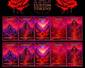May include: A set of custom tokens with a fantasy theme. The image features ten "Mountain" cards with vibrant red and purple mountain landscapes. The cards are framed in pink, with the text "BLOOD MOUNTAINS" at the bottom and "HD CUSTOM TOKENS" at the top.