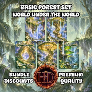 May include: A set of five rectangular trading cards titled Basic Forest Set World Under The World, featuring vibrant fantasy forest illustrations with waterfalls, large trees, and white flowers. Each card is labeled Forest and Basic Land Forest.