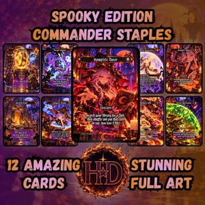Könnte beinhalten: Eine Sammlung von 12 Sammelkarten mit dem Titel Spooky Edition Commander Staples, die vollflächige Illustrationen im Dark-Fantasy-Stil zeigen. Die zentrale Karte ist Vampiric Tutor, umgeben von weiteren Karten wie Sol Ring und Demonic Tutor, alle in leuchtenden Orange-, Lila- und Schwarztönen.
