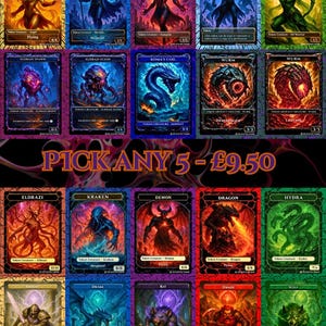 May include: A collection of twenty rectangular fantasy trading cards arranged in a grid, featuring illustrations of creatures like angels, dragons, and demons. The text PICK ANY 5 - £9.50 is centred in the middle of the image.