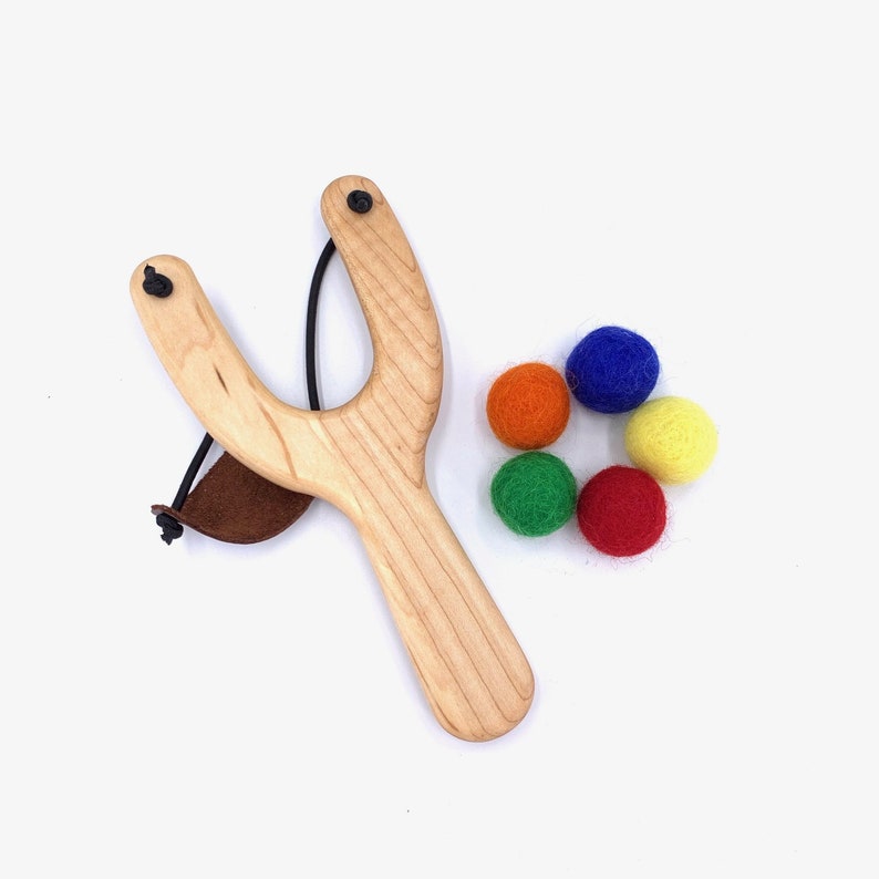 Natural solid maple hardwood children's toy slingshot and wool felt balls made in the USA by Treasures From Jennifer