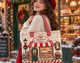 Personalized Christmas Bakery Quilted Tote Bag, Custom Name Gingerbread Shop Holiday Purse, Baker Cookie Lover Shoulder Bag