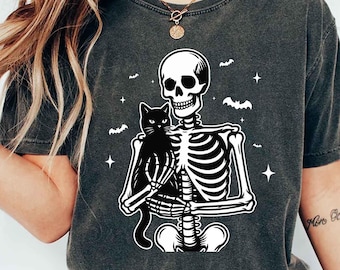 Skeleton and Cat Shirt, Black Cat Halloween TShirt, Spooky Cat Mom T-Shirt, Gothic Gifts for Cat Lovers, Cat Dad Tee, Womens Fall Season Tee