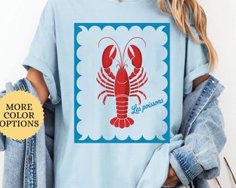 Comfort Colors Lobster T-Shirt, French Coastal Tee, Distressed Shirt, Oversized Coquette Aesthetic, Nautical Style