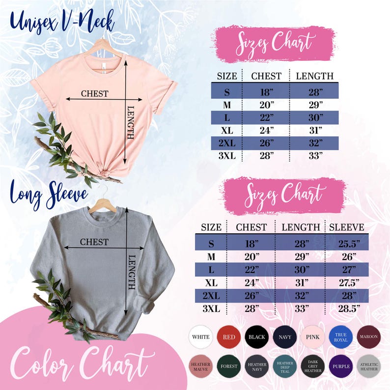 May include: Image features a peach-colored V-neck t-shirt and a gray long-sleeve sweatshirt, both displayed on hangers. Size charts detail chest, length, and sleeve measurements in inches. A color chart shows various options.