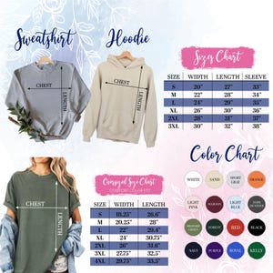 May include: Image features a light gray sweatshirt and a beige hoodie, both with size charts. An olive green t-shirt is also shown. Charts display measurements for width, length, and sleeve length in inches. A color chart shows various options.