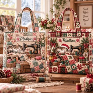 May include: Two quilted tote bags featuring the name Madison, a sleeping tabby cat, a vintage sewing machine, and various sewing supplies. One bag displays a floral pattern, while the other features a festive holiday theme with poinsettias.