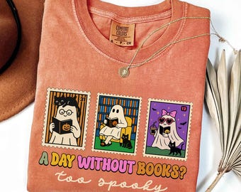 Comfort Colors® Cute Ghost Reading Books Shirt, Womens Halloween Shirt, Books Lover Halloween Shirt, Bookish Halloween Shirt, Spooky Season