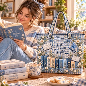 May include: A rectangular tote bag featuring a blue and white gingham pattern, decorated with floral motifs, a butterfly, eyeglasses, and a stack of books. The text reads Olivia, Just one more chapter. The bag has two sturdy handles.