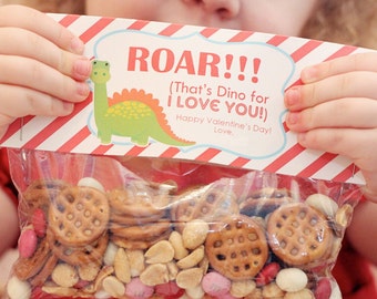 INSTANT Download-Valentine's Day Treat Bag Tags: DINO -Printable PDF