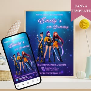 KPOP Demon Hunters Birthday Invitation, Kpop Anime Invite, Huntrix Invitation, Editable Canva Template, Printable Birthday Card for Kids