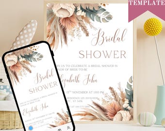 Editable Boho Bridal Shower Invitation: Pampas Floral Design (Printable or Text Invite)