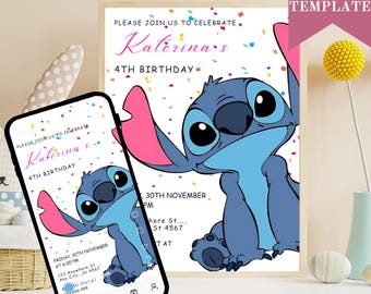 Stitch Birthday Invitation Template, Kids Party Invite (Digital)