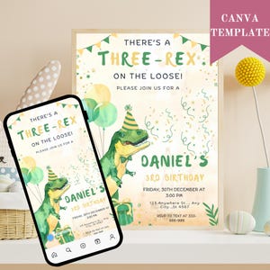 Dinosaur Birthday Invitation, Editable Three Rex Birthday Invite, Boys Third Birthday Dino Party, Three-Rex On The Loose