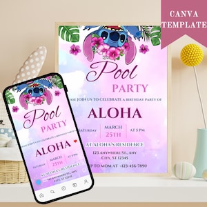 Bearbeitbare Stitch Pool Party Geburtstagseinladung, Lilo & Stitch Canva Vorlage, süße Einladung für Kinder, druckbare Partyeinladung Junge / Mädchen