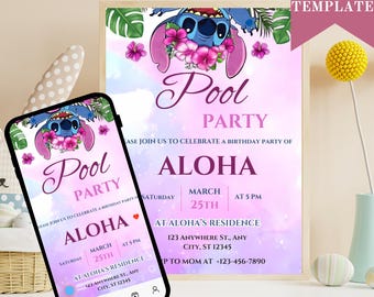 Editable Stitch Pool Party Birthday Invitation, Lilo & Stitch Canva Template, Cute Invite for Kids, Printable Party Invite Boy/girl