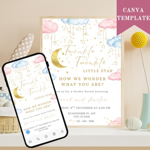 Twinkle Twinkle Little Star Gender Reveal Invitation, Gold Moon and Stars Gender Reveal Party Invite Template, He Or She, Boy Or Girl