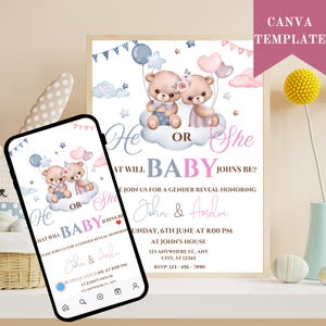 Editable Gender Revel Bear Baby Shower Invitation, Girl Boy We Can Bearly Wait Baby Shower Invite, Pink Blue Boho Bear Shower Invite