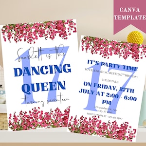 Dancing Queen 17 Mamma Mia, 17. Geburtstag Party Einladung, Canva Vorlage, vollständig editierbar druckbar oder digital einladen, personalisiert