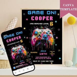 Gamer Birthday Invitation: Level Up Video Game Party (Editable Canva Template, Digital Download)