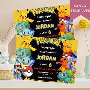 May include: Two yellow and black Pokemon-themed birthday party invitations. Each invitation features the text "Pokemon, I choose you!" and details for a party celebrating Jordan's 6th birthday. The invitations include images of Pikachu, Bulbasaur, and other characters.