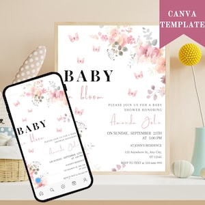 Baby in Bloom Invitation, Butterfly Baby Shower Invitation Girl, Pink Purple Butterflies Wildflower Invite, Printable Baby in Bloom Shower