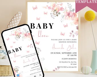 Baby in Bloom Invitation, Butterfly Baby Shower Invitation Girl, Pink Purple Butterflies Wildflower Invite, Printable Baby in Bloom Shower