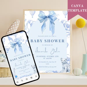 Blue Toile Safari Baby Shower Invitation, Safari Animal Baby Boy Shower Digital Invite, Toile de Jouy Baby Shower Invite, Dusty Blue Safari