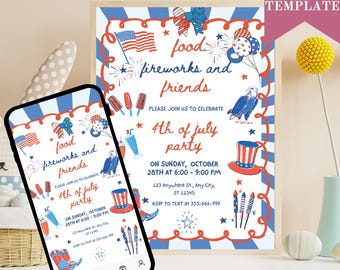 4th of July BBQ Invitation Template, Red White Blue Fireworks Invite (Printable)