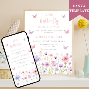Butterfly Baby Shower Invitation, Purple Butterfly Invitation Template, Butterfly Baby Shower Invitation Girl, Butterflies and Flowers Pink