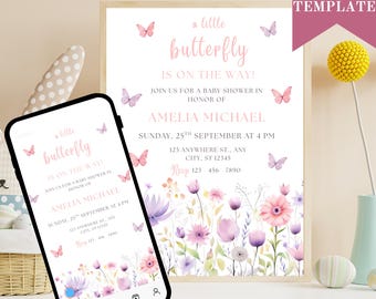Purple Butterfly Baby Shower Invitation Template: Pink Floral (Digital Download)