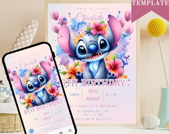 Stitch Birthday Invitation Template: Editable Canva Party Invite (Digital Download 5x7" Printable)