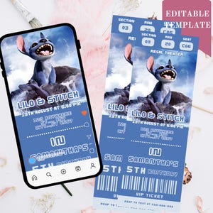 May include: A blue and white Lilo and Stitch themed birthday invitation. The invitation is in the shape of a movie ticket and features a cartoon image of Stitch. The text on the invitation reads 'Lilo & Stitch', '13th August at 6:00 PM', '123 Anywhere St, Any City, ST 4567', 'In Samantha's 5th Birthday', 'VIP Ticket', 'RSVP to text at 333-666-999'.
