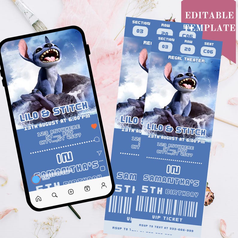 May include: A blue and white Lilo and Stitch themed birthday invitation. The invitation is in the shape of a movie ticket and features a cartoon image of Stitch. The text on the invitation reads 'Lilo & Stitch', '13th August at 6:00 PM', '123 Anywhere St, Any City, ST 4567', 'In Samantha's 5th Birthday', 'VIP Ticket', 'RSVP to text at 333-666-999'.