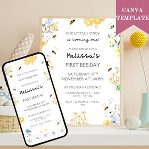 Floral Bee First Birthday Invitation: Editable Canva Template (Digital Download))